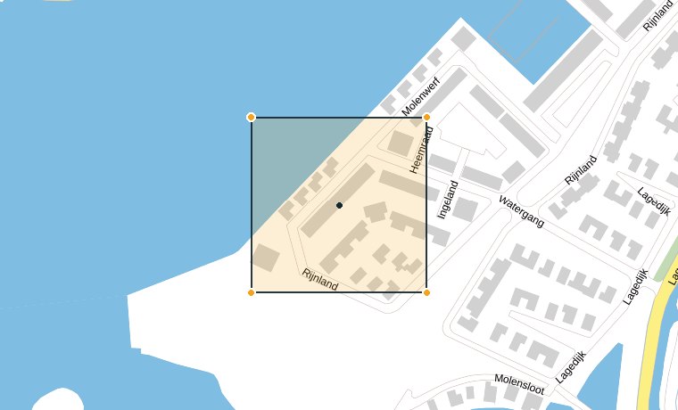 Kaart van Molenwerf in Spaarndam met een vierkant selectiekader van ongeveer 145 meter eromheen