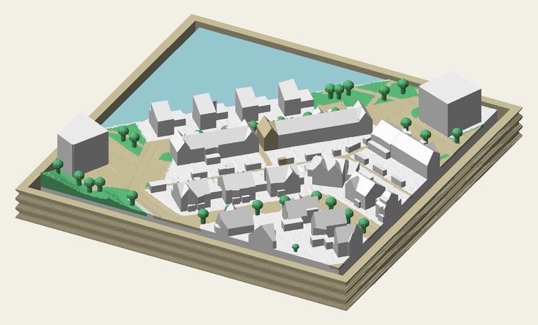 Het 3D-model van Molenwerf in Spaarndam, schuin van boven gezien: het water van het Spaarne, groene oevers en de huizen langs de dijk